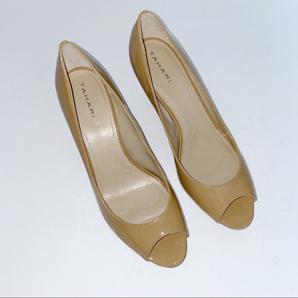 Tahari | Open Toe Camel Patent Pumps 10 - Picture 3 of 11